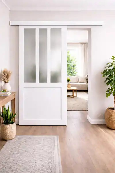 Certifié Porte Coulissante Atelier Blanc vitre depoli H204 x L73 cm, Rail alu Bandeau Blanc GD MENUISERIES