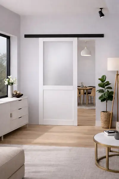 Porte Coulissante Athena blanc H204 x L73 cm, Rail Alu bandeau noir GD MENUISERIES Expédition Rapide