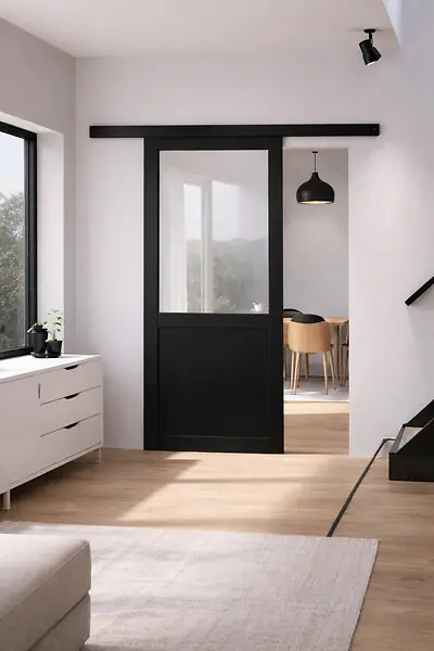 Porte Coulissante Atelier Noir Vitrée H204 x L73 cm sans meneau, Rail alu Bandeau Noir GD MENUISERIES Prix Bas