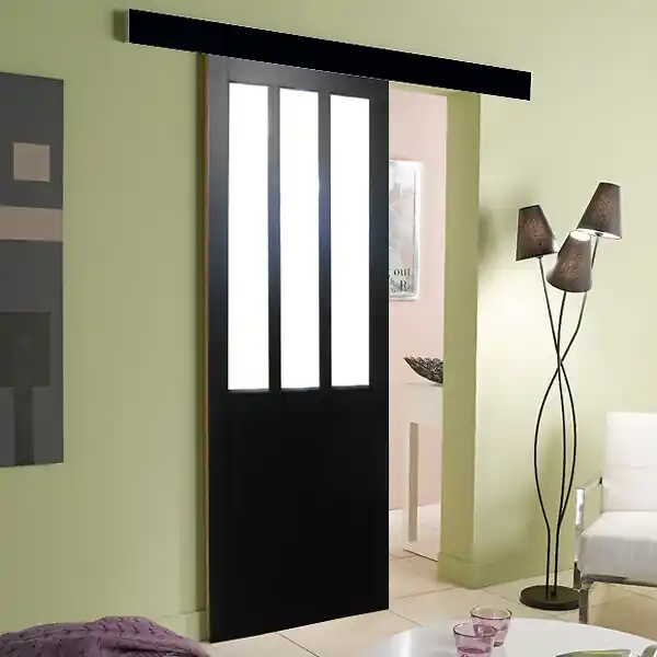 Commande En Gros Porte Coulissante Atelier Noir Vitrée H204 x L73 cm, Rail alu Bandeau Noir GD MENUISERIES