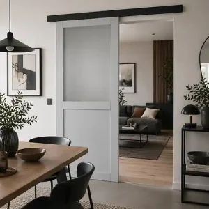 Porte Coulissante Athena Gris Clair Vitrée H204 x L73 cm, Rail Alu Bandeau Noir GD MENUISERIES Offre Limitée
