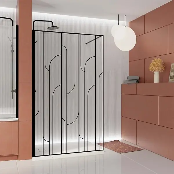 Authentique Paroi de douche à l‘italienne 140x195cm Sérigraphie Art Déco Arrondie - Noir Mat - GATSBY AURLANE