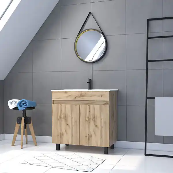 Affaire À Saisir Meuble salle de bain 80x80 -Finition chene naturel + vasque blanche + miroir barber-TIMBER 80-Pack28 AURLANE
