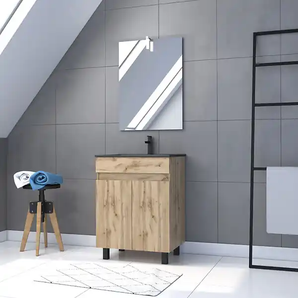 Marque Meuble salle de bain 60x80 - Finition chene naturel + vasque noire + miroir Led - TIMBER 60 - Pack19 AURLANE