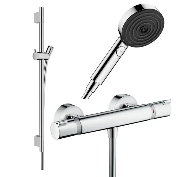 Pack mitigeur douche thermostatique Ecostat Comfort + Barre Unica + flexible + Pommeau Pulsify Select 3 jets chromé HANSGROHE Commander Vite
