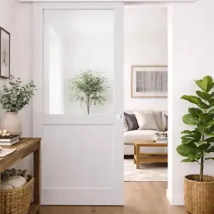 Porte Coulissante Atelier Blanc H204 x L73 cm sans meneau, Rail alu Bandeau Blanc, Coquilles blanc GD MENUISERIES Réduction