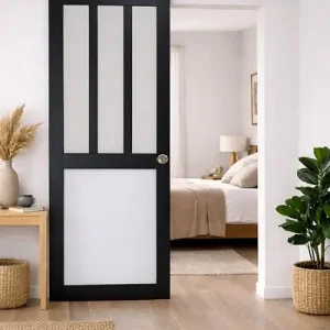 Prix Réduit Porte Coulissante Atelier noir, blanc Vitrée H204 x L73 cm, Rail Alu Bandeau blanc, Coquilles GD MENUISERIES