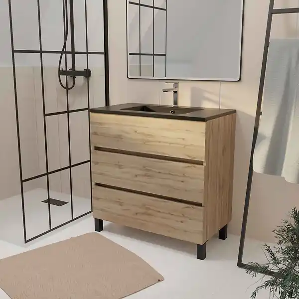 Vente Flash Meuble de salle de bains 80 cm 3 Tiroirs Chêne Naturel + Vasque Céramique Noire - TIMBER AURLANE