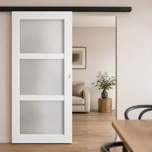 Acheter Direct Porte Coulissante Kenya Blanc Vitrée H204 X L73 cm, Rail Alu Bandeau Noir, Coquilles Blanc GD MENUISERIES
