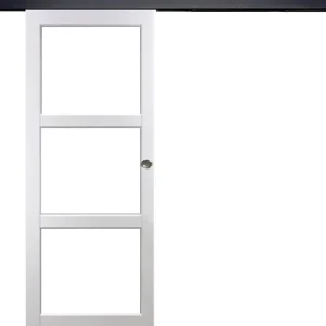 Porte Coulissante Kenya Blanc Vitrage transparent H204 x L73 cm, Rail Alu bandeau noir, Coquilles GD MENUISERIES Vente Directe