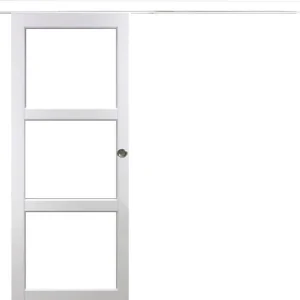 Meilleur Prix Porte Coulissante Kenya Blanc Vitrage transparent H204 x L73 cm, Rail Alu bandeau blanc, Coquilles GD MENUISERIES
