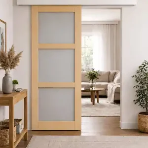 Porte Coulissante Ayous 3 Panneaux Gris Clair H204 x L73 cm, Rail alu Bandeau Blanc GD MENUISERIES Soldes
