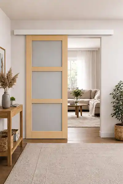 Porte Coulissante Ayous 3 Panneaux Gris Clair H204 x L73 cm, Rail alu Bandeau Blanc GD MENUISERIES Soldes