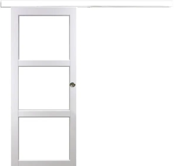 Dernier Modèle Porte Coulissante Kenya Blanc Vitrage transparent H204 x L83 cm, Rail Alu Bandeau Blanc, Coquilles GD MENUISERIES