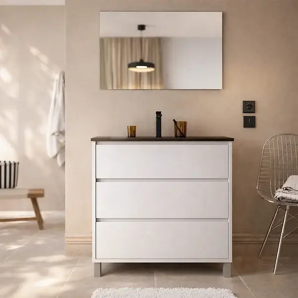 Nouvelle Collection Meuble de salle de bains 80 cm Blanc 3 Tiroirs et Vasque Céramique Noire - XENOS AURLANE