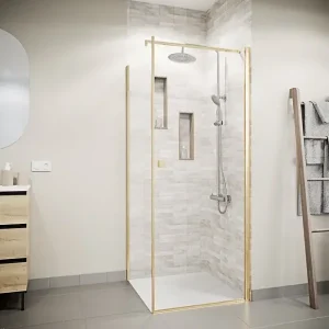 Offre Limitée Porte de Douche Pivotante 80x180cm et Retour 80cm - Profil Or Brosse - Verre 5mm - GOLD ELEMENTARY AURLANE
