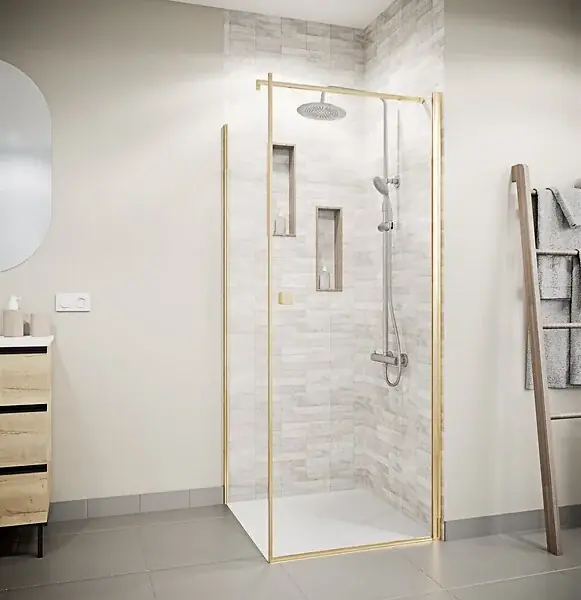Offre Limitée Porte de Douche Pivotante 80x180cm et Retour 80cm - Profil Or Brosse - Verre 5mm - GOLD ELEMENTARY AURLANE