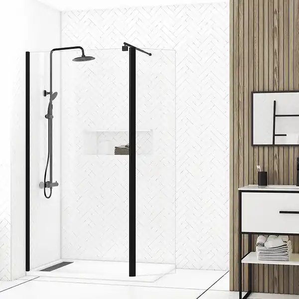 Paroi de Douche et Volet Pivotant 100+40x200 cm - Verre Transparent - Barre de Fixation Noire AURLANE Prix Choc