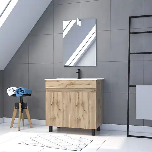 Soldes Meuble salle de bain 80x80 -Finition chene naturel + vasque blanche + miroir Led- TIMBER 80 - Pack27 AURLANE