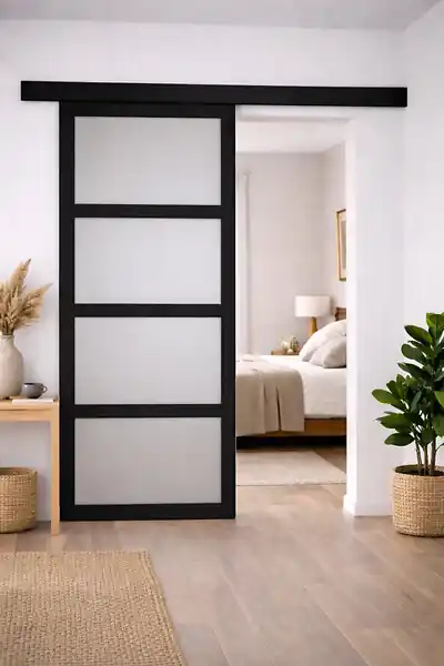 Porte Coulissante Telia Noir Vitrée H204 x L73 cm, Rail Alu bandeau noir GD MENUISERIES Achetez Aujourd'hui