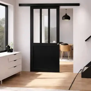 Remise Porte Coulissante Atelier Noir H204 x L93 cm, Rail alu Bandeau Noir, Coquilles GD MENUISERIES
