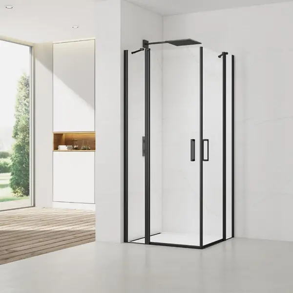Promotion Swiss Aqua Technologies Fusion Portes de douche acces en angle pivotantes 90x90cm anticalcaire avec profilés noir mat (SATFUDP9090C-SET)