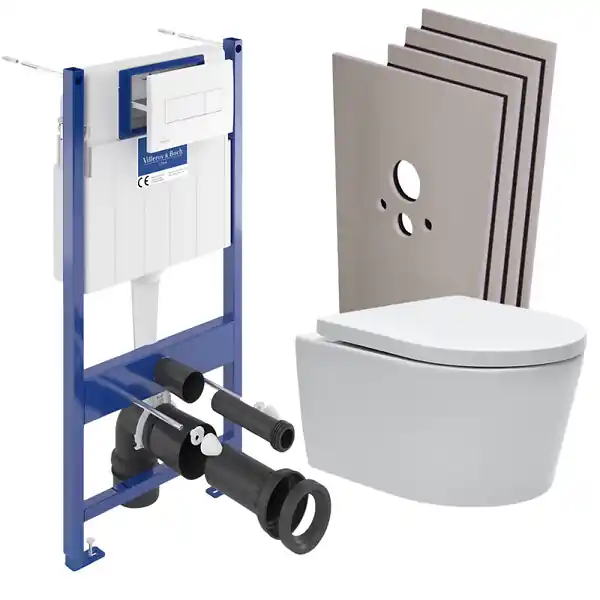 Swiss Aqua Technologies Pack WC bâti-support + WC SAT sans bride + Abattant softclose + Plaque blanche + Set d‘habillage Top Vente