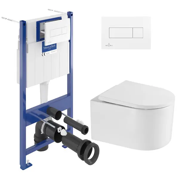 ViConnect Pro Pack WC Bâti Villeroy & Boch + WC sans bride SAT + Abattant SoftClose + Plaque Blanche (ViConnectDelanoTQ-2) Dernier Modèle