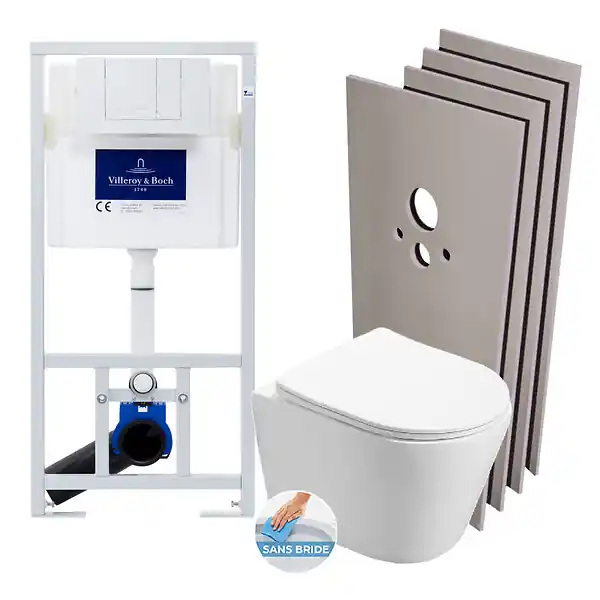 Pack WC bâti-support + WC Infinitio rimless + Abattant softclose + Plaque blanche + Set d‘habillage VILLEROY ET BOCH Dernier Modèle
