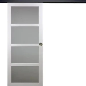 Remise Porte Coulissante Tana blanc Vitrée H204 x L63 cm, Rail Alu bandeau noir, Coquilles GD MENUISERIES