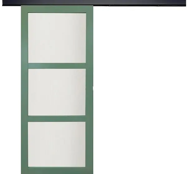 Livraison Express Porte Coulissante Vert Sauge RAL 6021 Vitrée H204 x L73 cm, rail bandeau noir GD MENUISERIES
