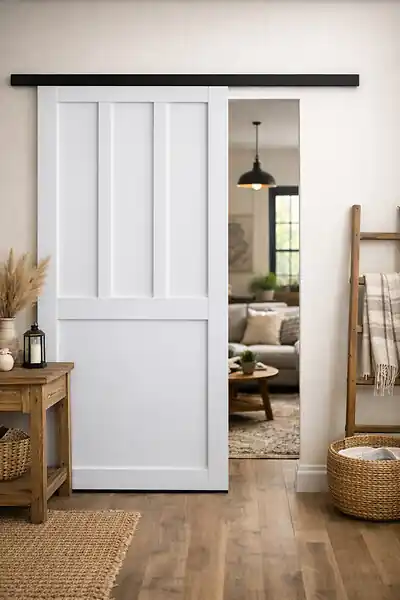 Porte Coulissante Atelier 2 panneaux blanc H204 x L73 cm, Rail Alu bandeau noir GD MENUISERIES Offre Du Jour