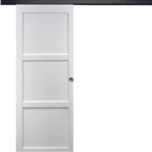 Porte Coulissante Korya Blanc 3 panneaux H204 x L73 cm, Rail Alu bandeau noir, Coquilles GD MENUISERIES Offre Du Jour