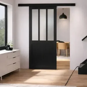 Porte Coulissante Atelier Noir vitre depoli H204 x L83 cm, Rail alu Bandeau Noir GD MENUISERIES Meilleur Choix