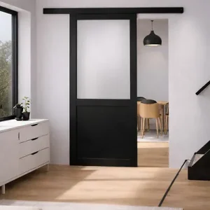 Populaire Porte Coulissante Athena Noir Vitrée H204 x L83 cm, Rail alu Bandeau Noir GD MENUISERIES