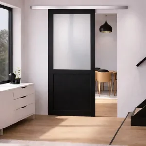 Prix Promo Porte Coulissante Athena Noir Vitrée H204 x L83 cm, Rail Alu GD MENUISERIES