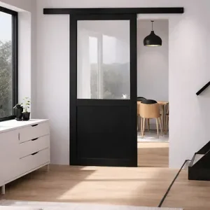 Porte Coulissante Atelier Noir Vitrée H204 x L83 cm sans meneau, Rail alu Bandeau Noir GD MENUISERIES Prix Cassé
