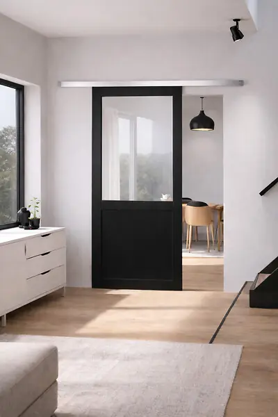 Offre Du Jour Porte Coulissante Atelier Noir Vitrée H204 x L83 cm sans meneau, Rail Alu GD MENUISERIES