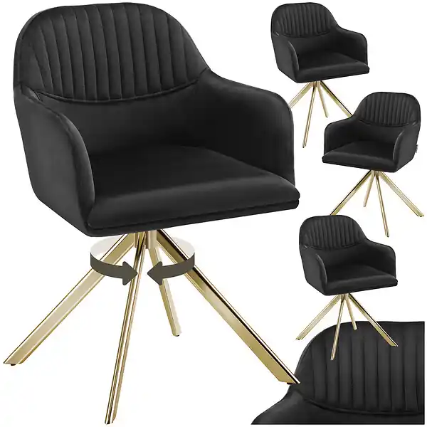 Nouvelle Collection Lot 4 chaises pivotantes à 360° en velours avec rembourrage noir/or TECTAKE