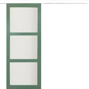 Porte Coulissante Vert Sauge RAL 6021 Vitrée H204 x L73 cm, rail alu bandeau blanc GD MENUISERIES Haute Qualité