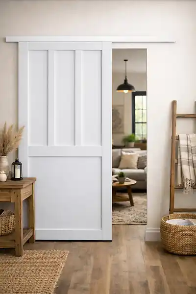 Porte Coulissante Atelier 2 panneaux blanc H204 x L73 cm, Rail Alu bandeau blanc GD MENUISERIES Certifié
