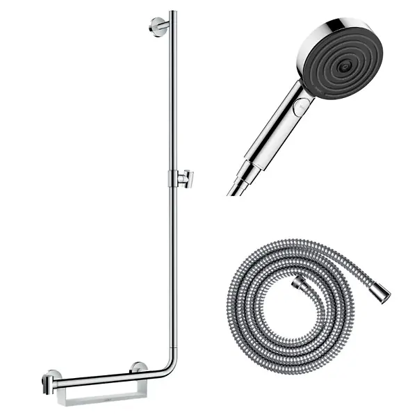 Barre de douche PMR Unica 110 avec poignée à gauche Chromé + Pommeau de douche Pulsify 3 jets + flexible Metaflex 160cm HANSGROHE Commander Maintenant