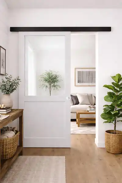 Porte Coulissante Atelier blanc sans meneau H204 x L73 cm, Rail Alu bandeau noir, Coquilles blanc GD MENUISERIES Certifié