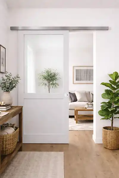 Expédié Aujourd'hui Porte Coulissante Atelier Blanc H204 x L73 cm sans meneau, Rail Alu, Coquilles blanc GD MENUISERIES