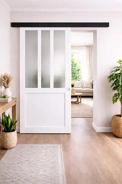 Porte Coulissante Atelier blanc vitre depoli H204 x L73 cm, Rail Alu bandeau noir, Coquilles blanc GD MENUISERIES Bon Plan