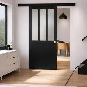 Porte Coulissante Atelier Noir vitre depoli H204 x L73 cm, Rail alu Bandeau Noir, Coquilles GD MENUISERIES Usine Directe