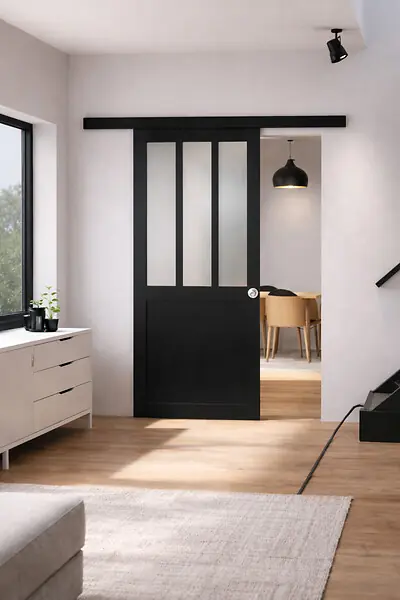 Porte Coulissante Atelier Noir vitre depoli H204 x L73 cm, Rail alu Bandeau Noir, Coquilles GD MENUISERIES Usine Directe