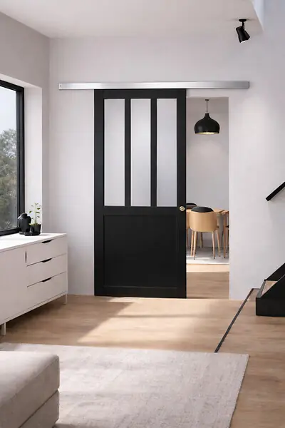 Must-Have Porte Coulissante Atelier Noir vitre depoli H204 x L73 cm, Rail Alu, Coquilles GD MENUISERIES