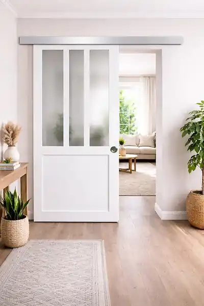 Dernier Modèle Porte Coulissante Atelier Blanc vitre depoli H204 x L73 cm, Rail Alu, Coquilles GD MENUISERIES