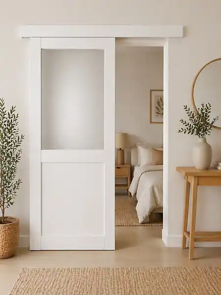 Jusqu'à Épuisement Des Stocks Porte Coulissante Athena Blanc H204 x L83 cm, Rail alu Bandeau Blanc GD MENUISERIES